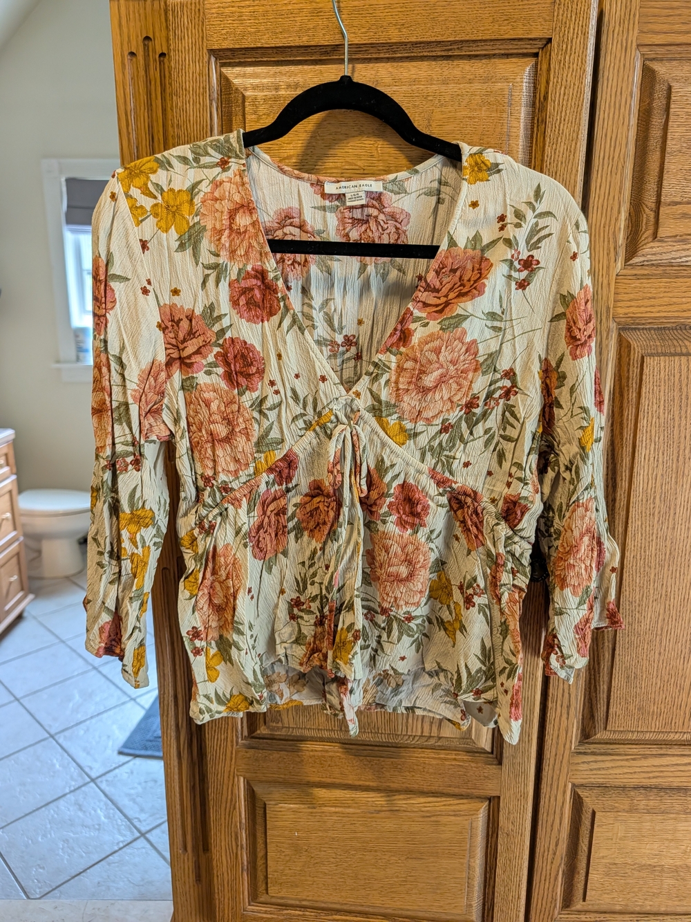 Angie Cream Floral Tie-Front Blouse with Rust & Mustard Blooms